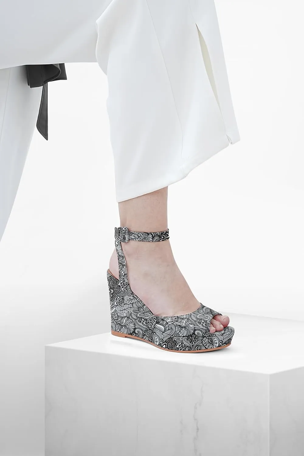 Women's Platform Wedge Sandals Round Peep Open Toe Ankle Strap Buckle Slingback High Heel Dress Shoes Patent Leather Heels