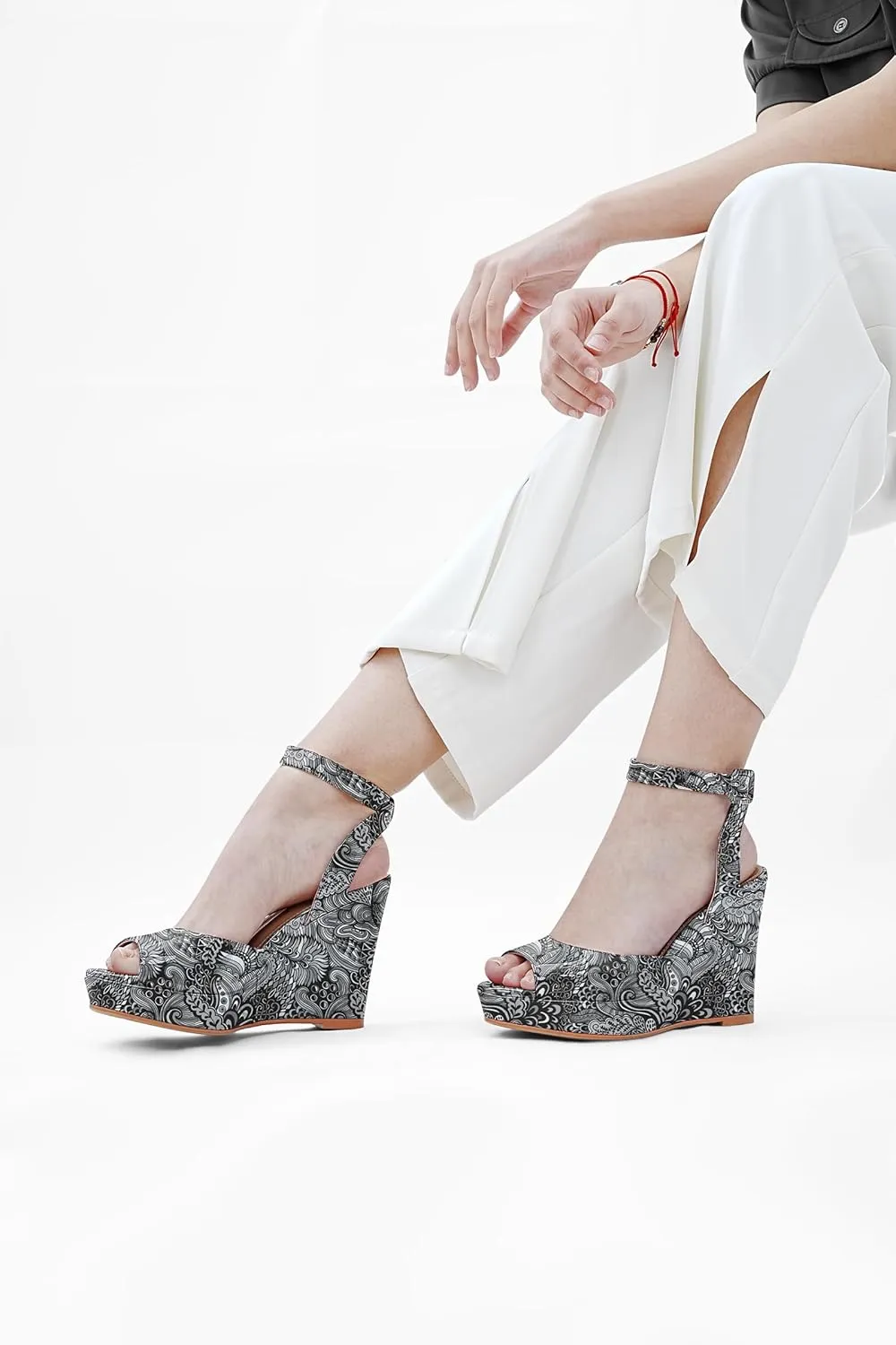 Women's Platform Wedge Sandals Round Peep Open Toe Ankle Strap Buckle Slingback High Heel Dress Shoes Patent Leather Heels