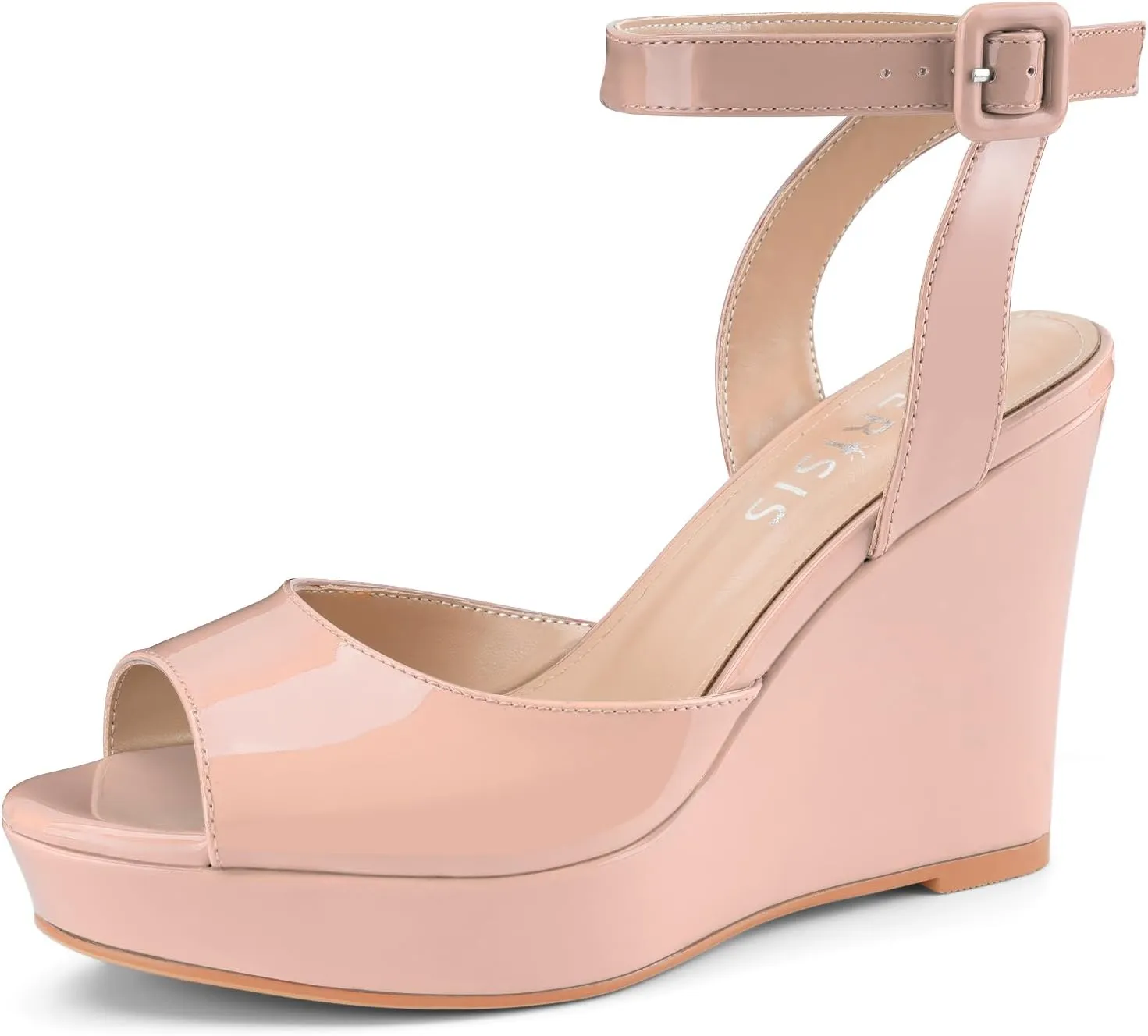 Women's Platform Wedge Sandals Round Peep Open Toe Ankle Strap Buckle Slingback High Heel Dress Shoes Patent Leather Heels