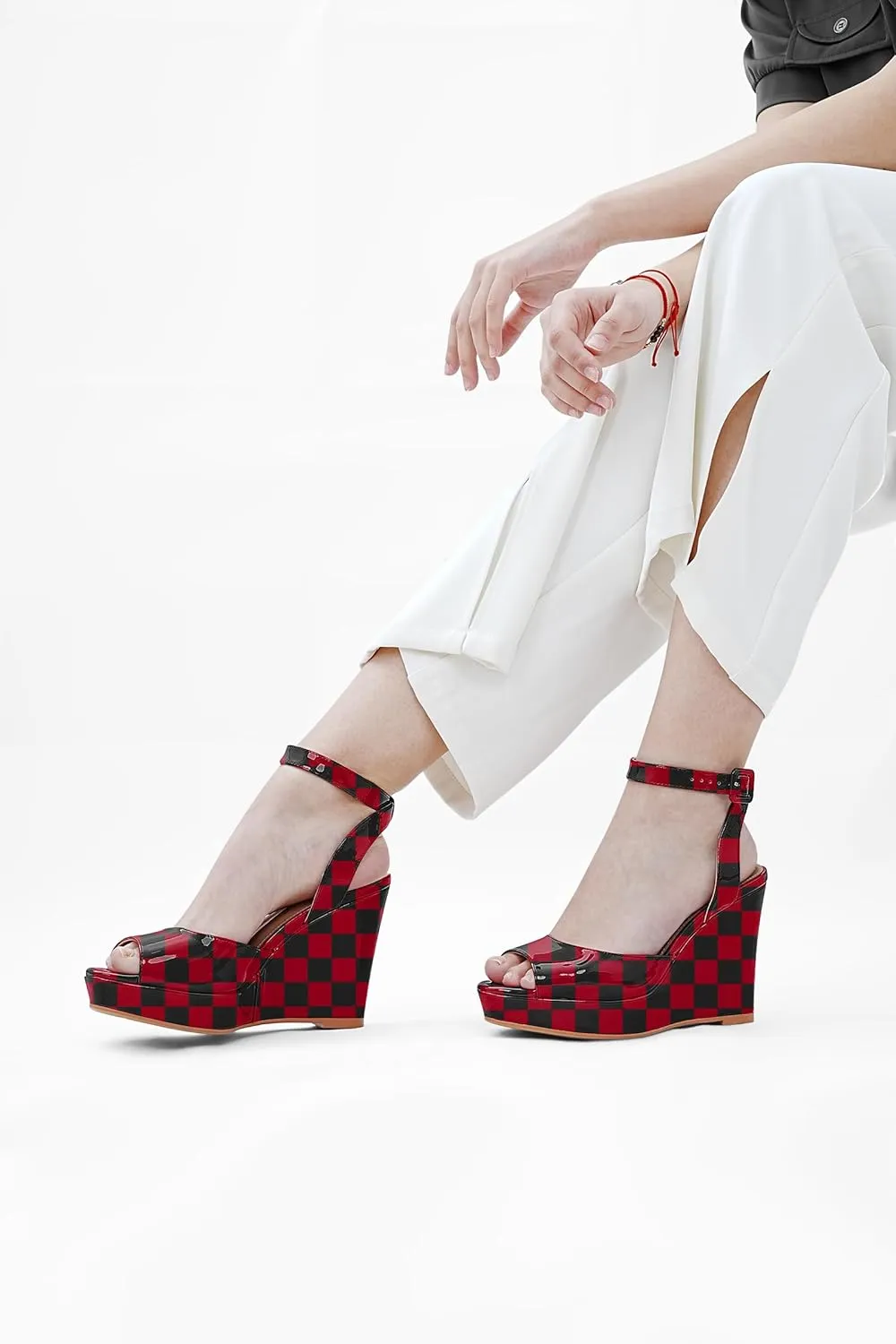 Women's Platform Wedge Sandals Round Peep Open Toe Ankle Strap Buckle Slingback High Heel Dress Shoes Patent Leather Heels