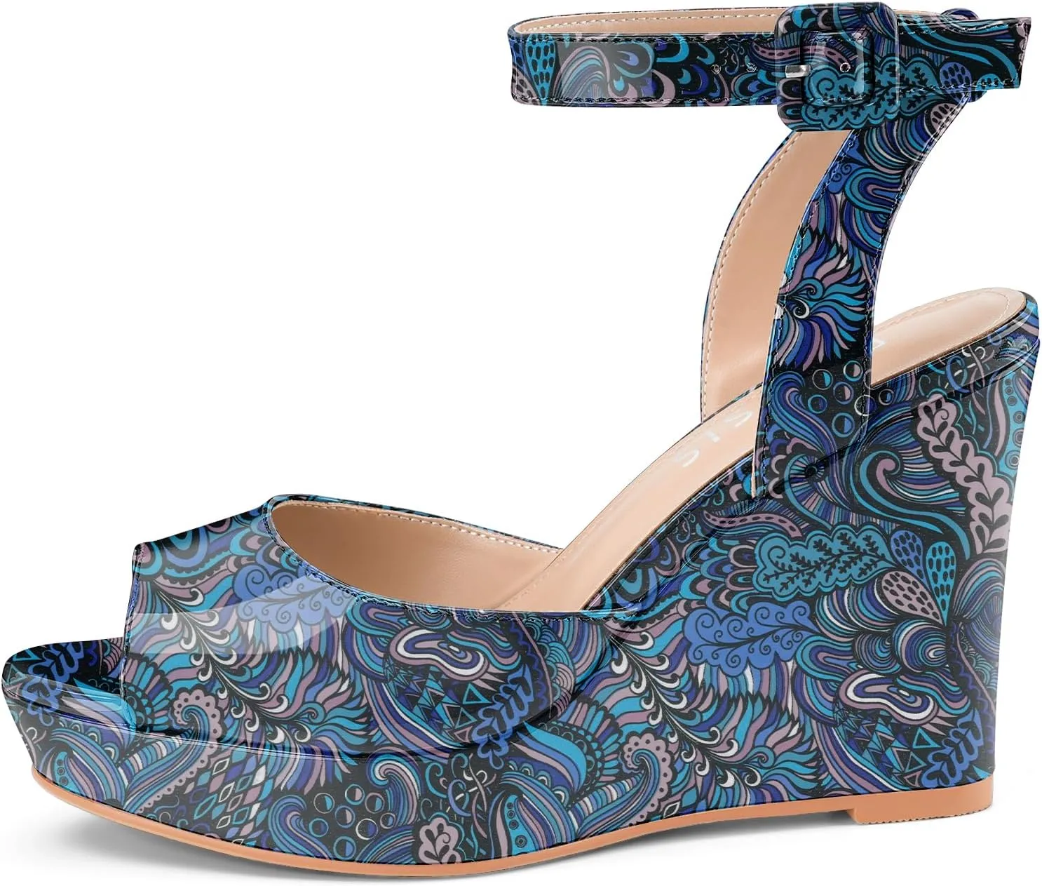 Women's Platform Wedge Sandals Round Peep Open Toe Ankle Strap Buckle Slingback High Heel Dress Shoes Patent Leather Heels