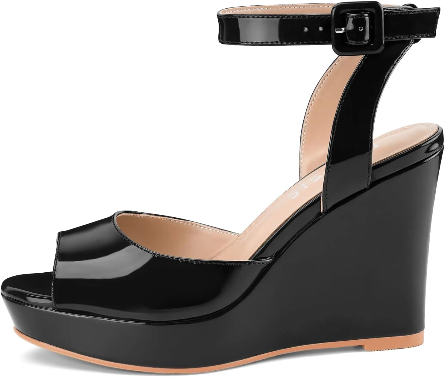 Women's Platform Wedge Sandals Round Peep Open Toe Ankle Strap Buckle Slingback High Heel Dress Shoes Patent Leather Heels