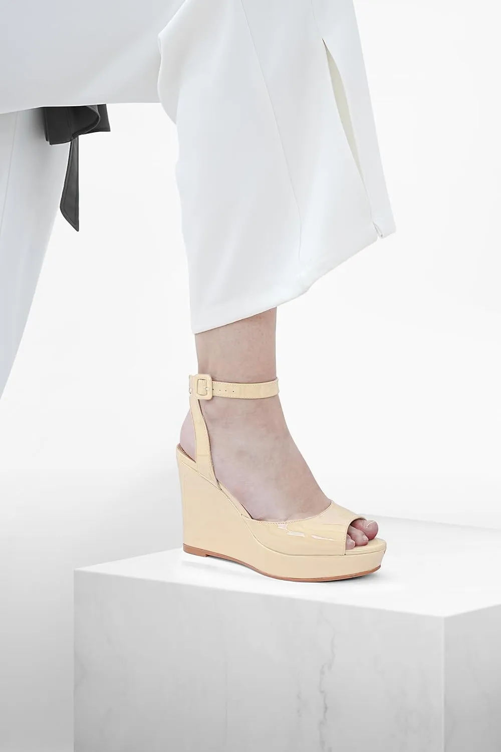 Women's Platform Wedge Sandals Round Peep Open Toe Ankle Strap Buckle Slingback High Heel Dress Shoes Patent Leather Heels