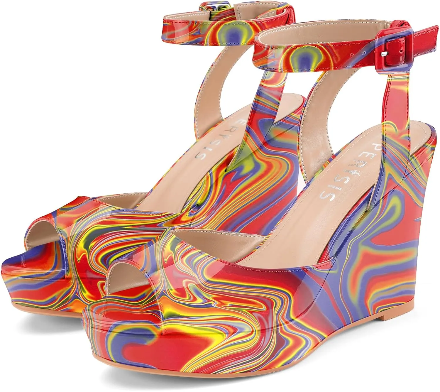 Women's Platform Wedge Sandals Round Peep Open Toe Ankle Strap Buckle Slingback High Heel Dress Shoes Patent Leather Heels