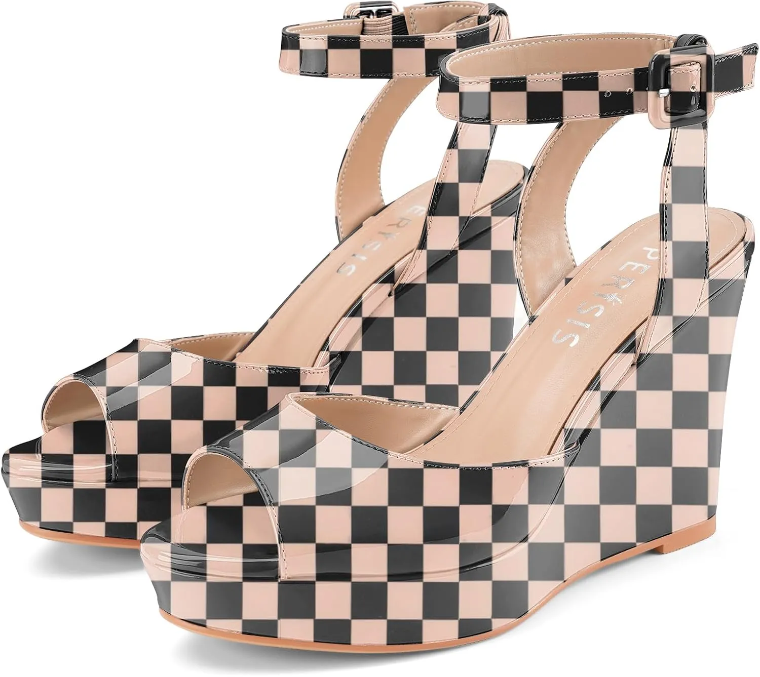 Women's Platform Wedge Sandals Round Peep Open Toe Ankle Strap Buckle Slingback High Heel Dress Shoes Patent Leather Heels