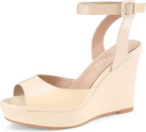 Women's Platform Wedge Sandals Round Peep Open Toe Ankle Strap Buckle Slingback High Heel Dress Shoes Patent Leather Heels