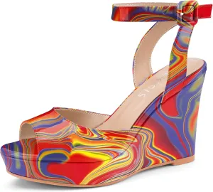 Women's Platform Wedge Sandals Round Peep Open Toe Ankle Strap Buckle Slingback High Heel Dress Shoes Patent Leather Heels