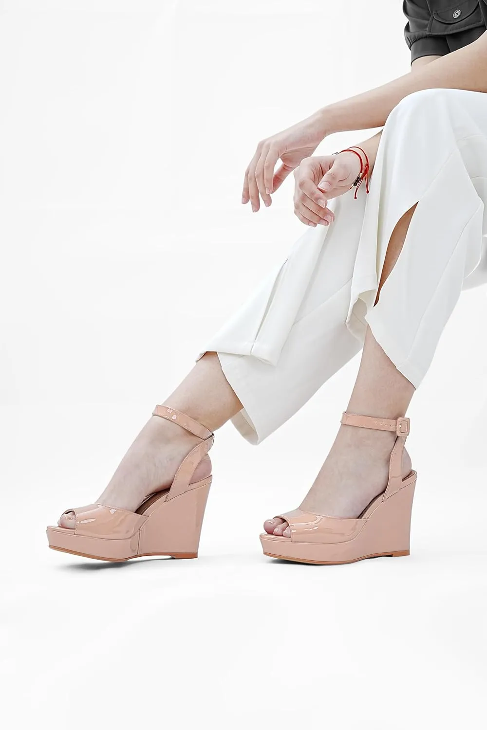 Women's Platform Wedge Sandals Round Peep Open Toe Ankle Strap Buckle Slingback High Heel Dress Shoes Patent Leather Heels