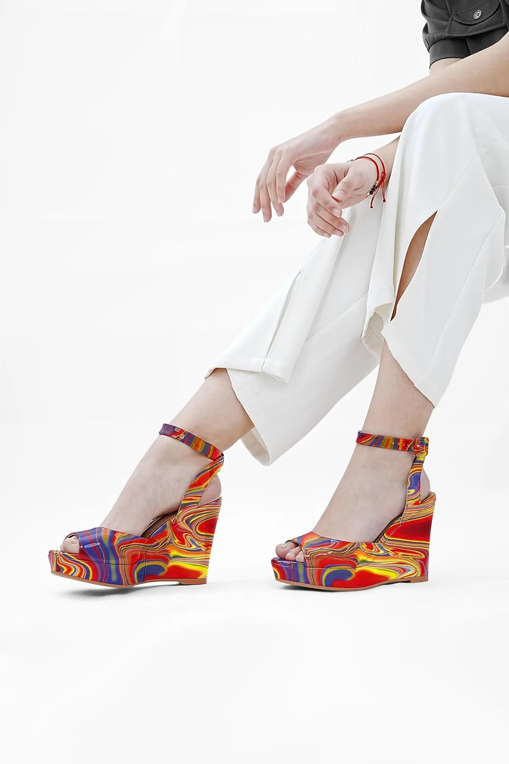 Women's Platform Wedge Sandals Round Peep Open Toe Ankle Strap Buckle Slingback High Heel Dress Shoes Patent Leather Heels