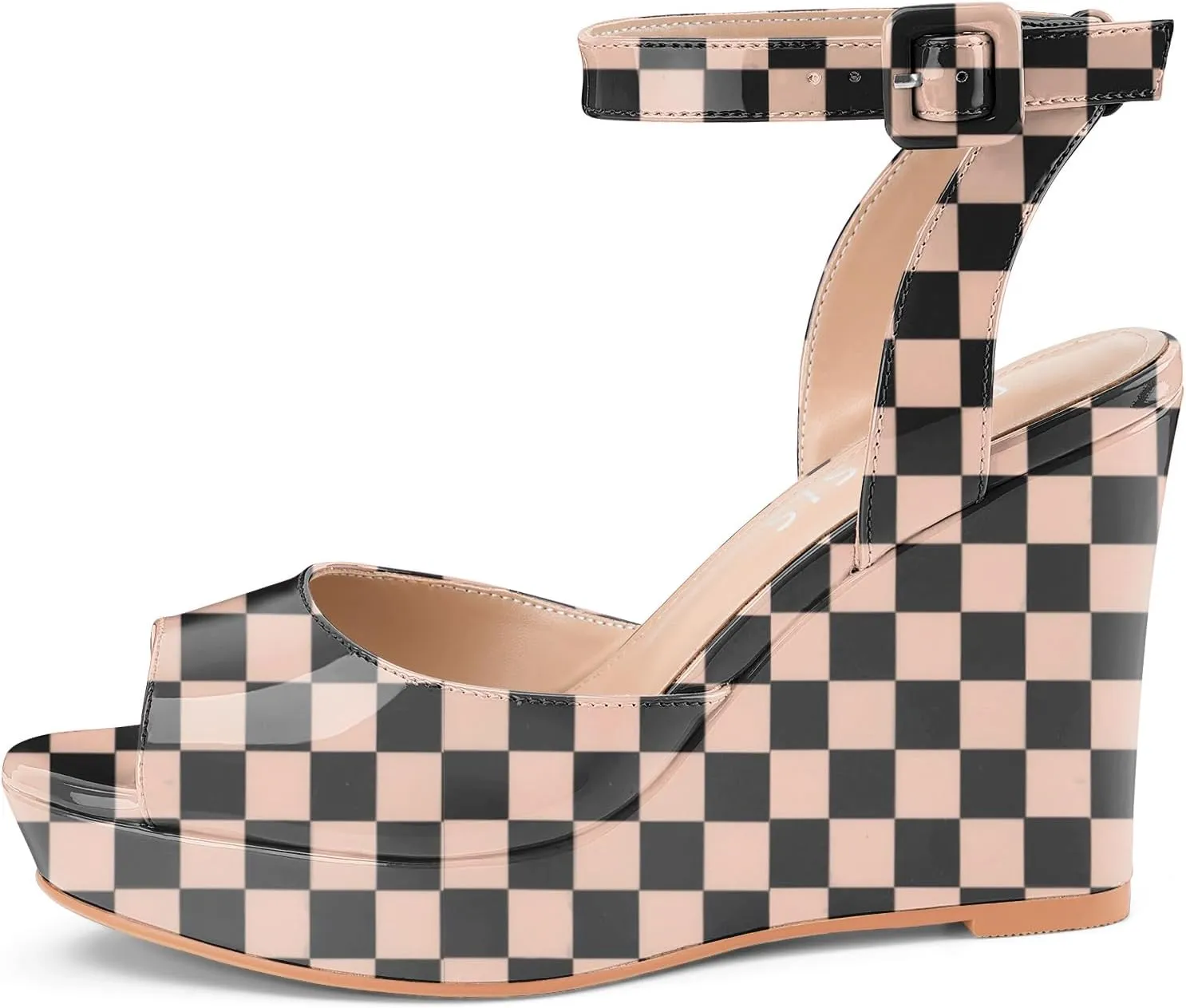 Women's Platform Wedge Sandals Round Peep Open Toe Ankle Strap Buckle Slingback High Heel Dress Shoes Patent Leather Heels