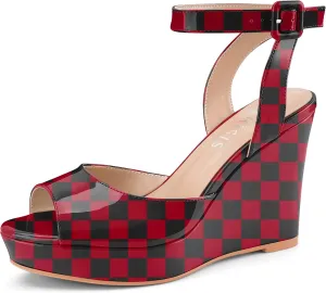 Women's Platform Wedge Sandals Round Peep Open Toe Ankle Strap Buckle Slingback High Heel Dress Shoes Patent Leather Heels