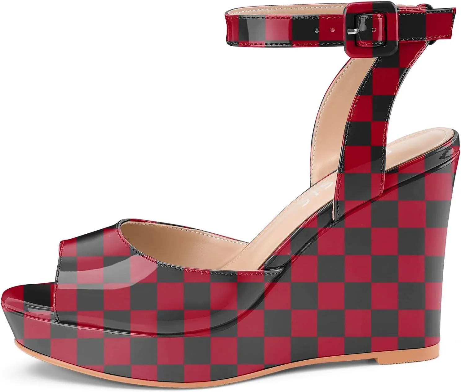 Women's Platform Wedge Sandals Round Peep Open Toe Ankle Strap Buckle Slingback High Heel Dress Shoes Patent Leather Heels