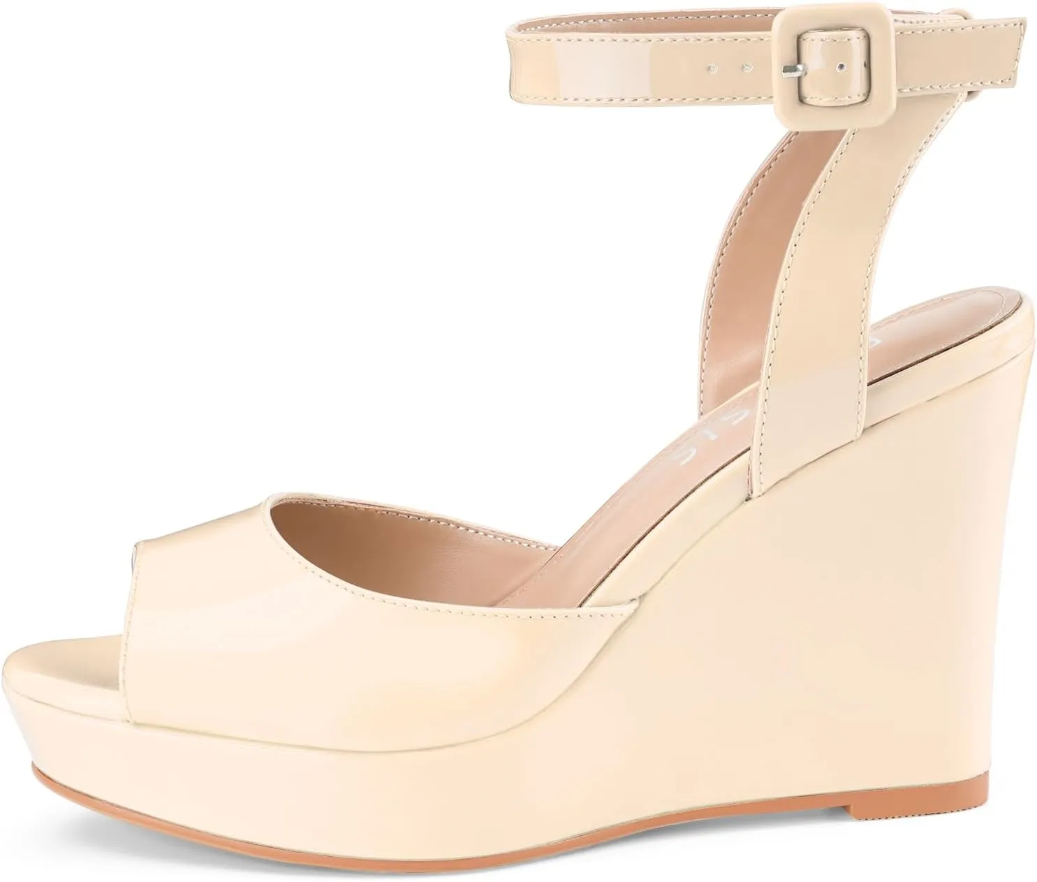 Women's Platform Wedge Sandals Round Peep Open Toe Ankle Strap Buckle Slingback High Heel Dress Shoes Patent Leather Heels