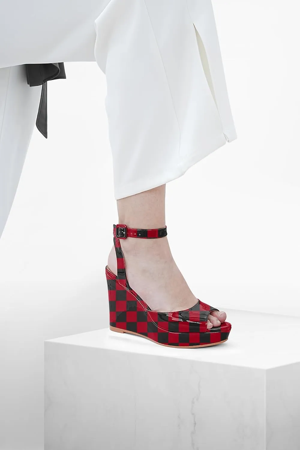 Women's Platform Wedge Sandals Round Peep Open Toe Ankle Strap Buckle Slingback High Heel Dress Shoes Patent Leather Heels