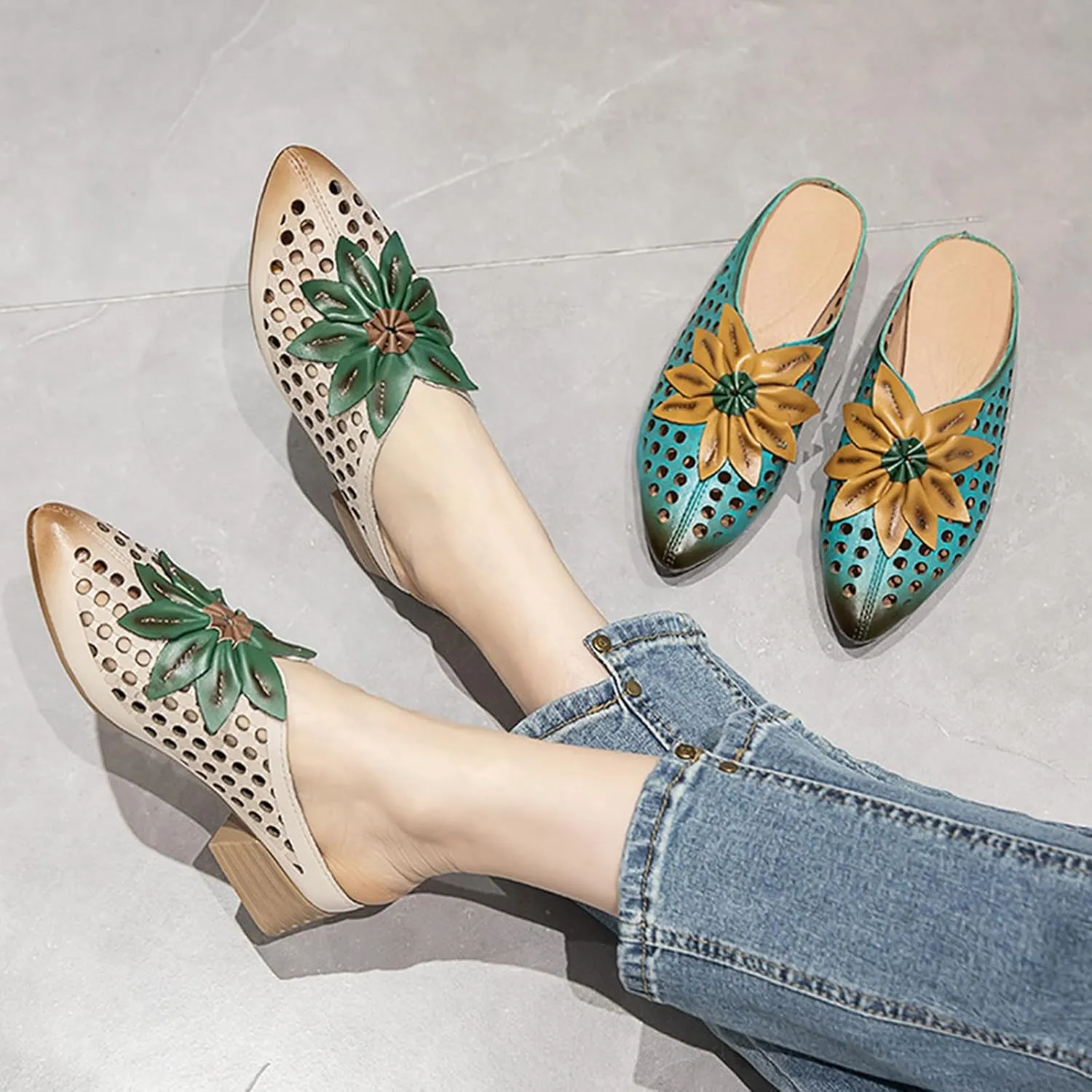 Women's Pointed Closed Toe Chunky Block Heel Mules,Vintage Comfort Cutout Leather Sunflower Casual Dress Backless Clogs