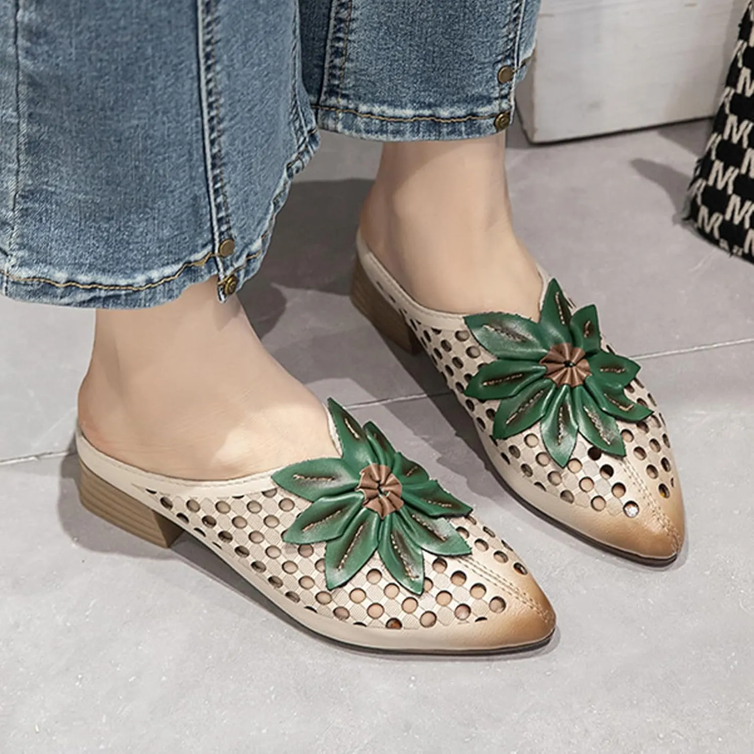 Women's Pointed Closed Toe Chunky Block Heel Mules,Vintage Comfort Cutout Leather Sunflower Casual Dress Backless Clogs