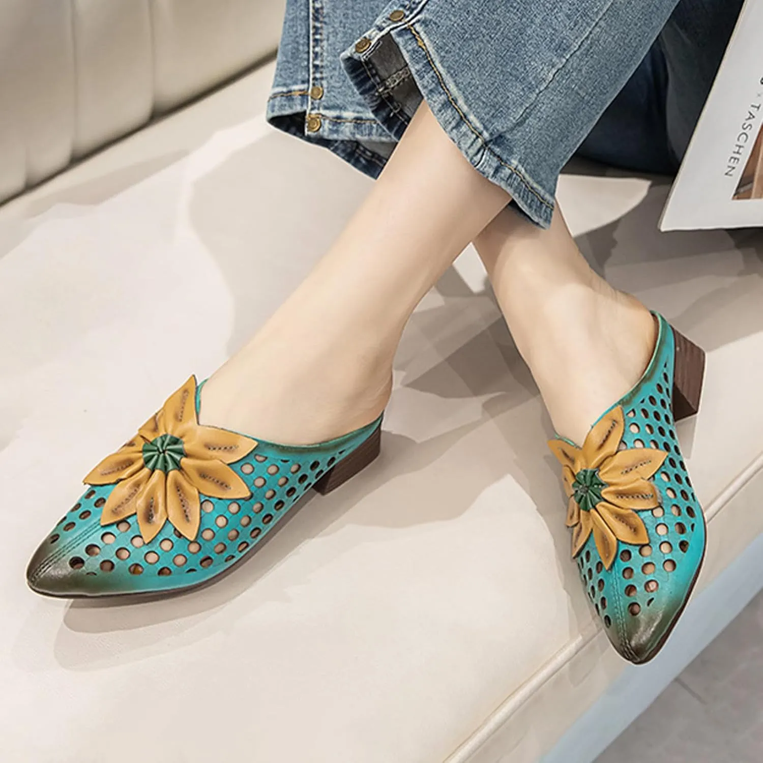 Women's Pointed Closed Toe Chunky Block Heel Mules,Vintage Comfort Cutout Leather Sunflower Casual Dress Backless Clogs