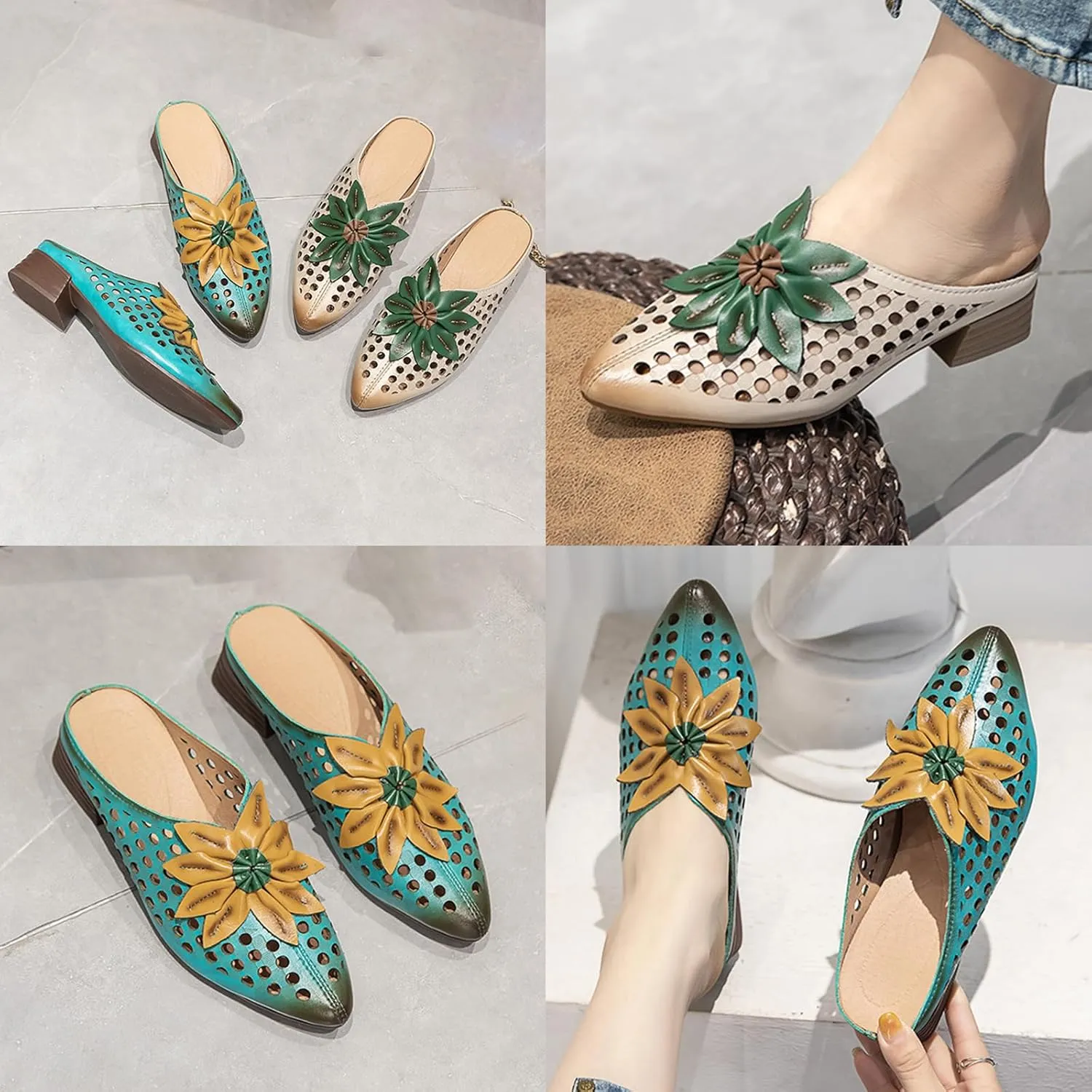 Women's Pointed Closed Toe Chunky Block Heel Mules,Vintage Comfort Cutout Leather Sunflower Casual Dress Backless Clogs