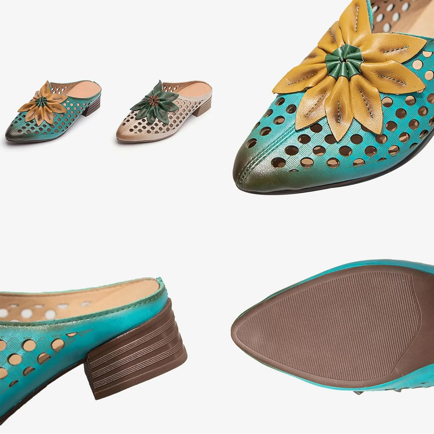 Women's Pointed Closed Toe Chunky Block Heel Mules,Vintage Comfort Cutout Leather Sunflower Casual Dress Backless Clogs