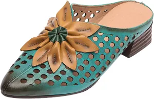 Women's Pointed Closed Toe Chunky Block Heel Mules,Vintage Comfort Cutout Leather Sunflower Casual Dress Backless Clogs
