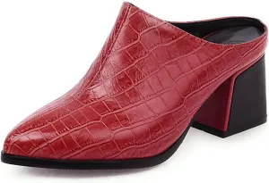 Women's Pointed Toe Chunky Heel Slip-On Mules,Fashion Crocodile Embossed Closed Toe High Heels Casual Outdoor Slippers Breathable Backless Mules Sandals
