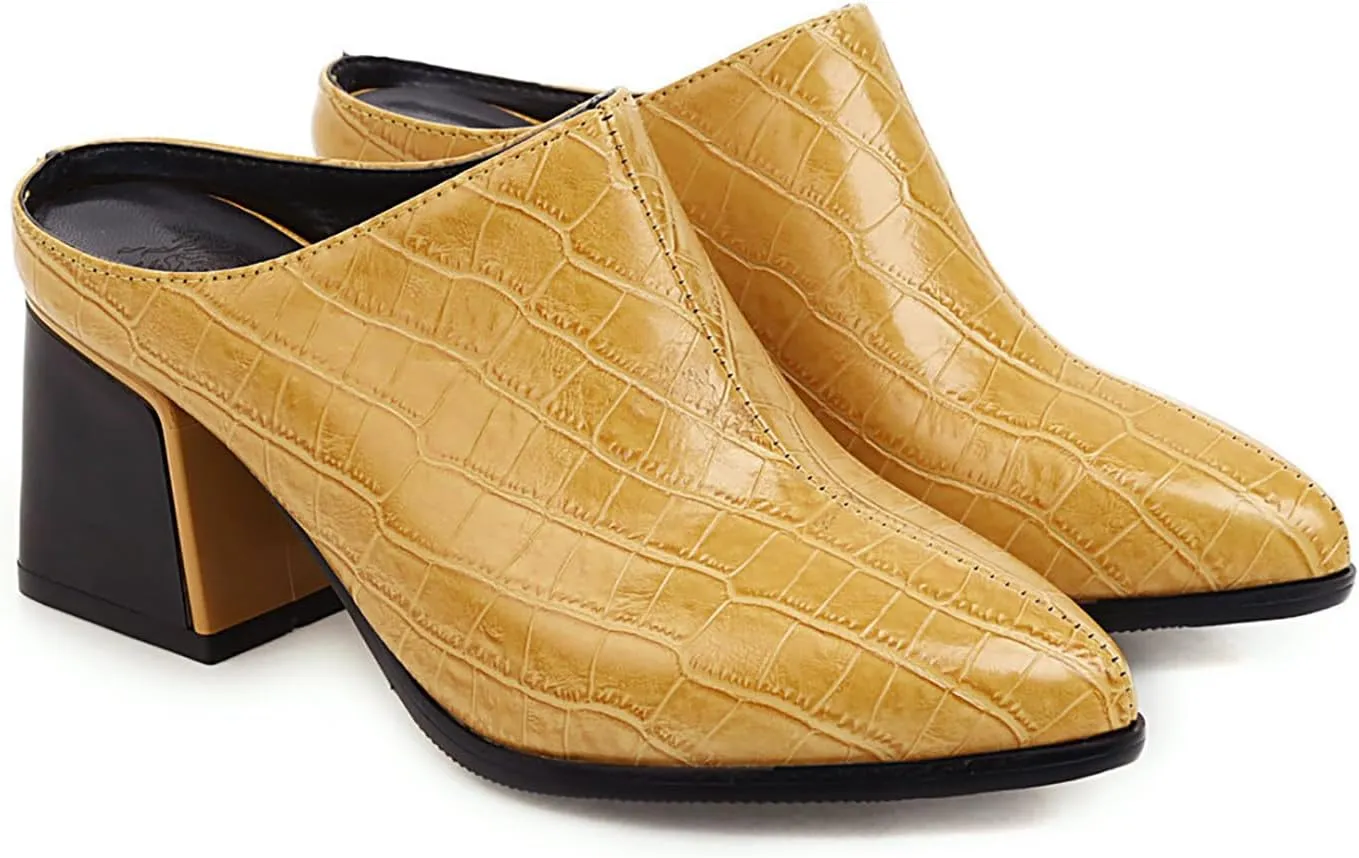 Women's Pointed Toe Chunky Heel Slip-On Mules,Fashion Crocodile Embossed Closed Toe High Heels Casual Outdoor Slippers Breathable Backless Mules Sandals