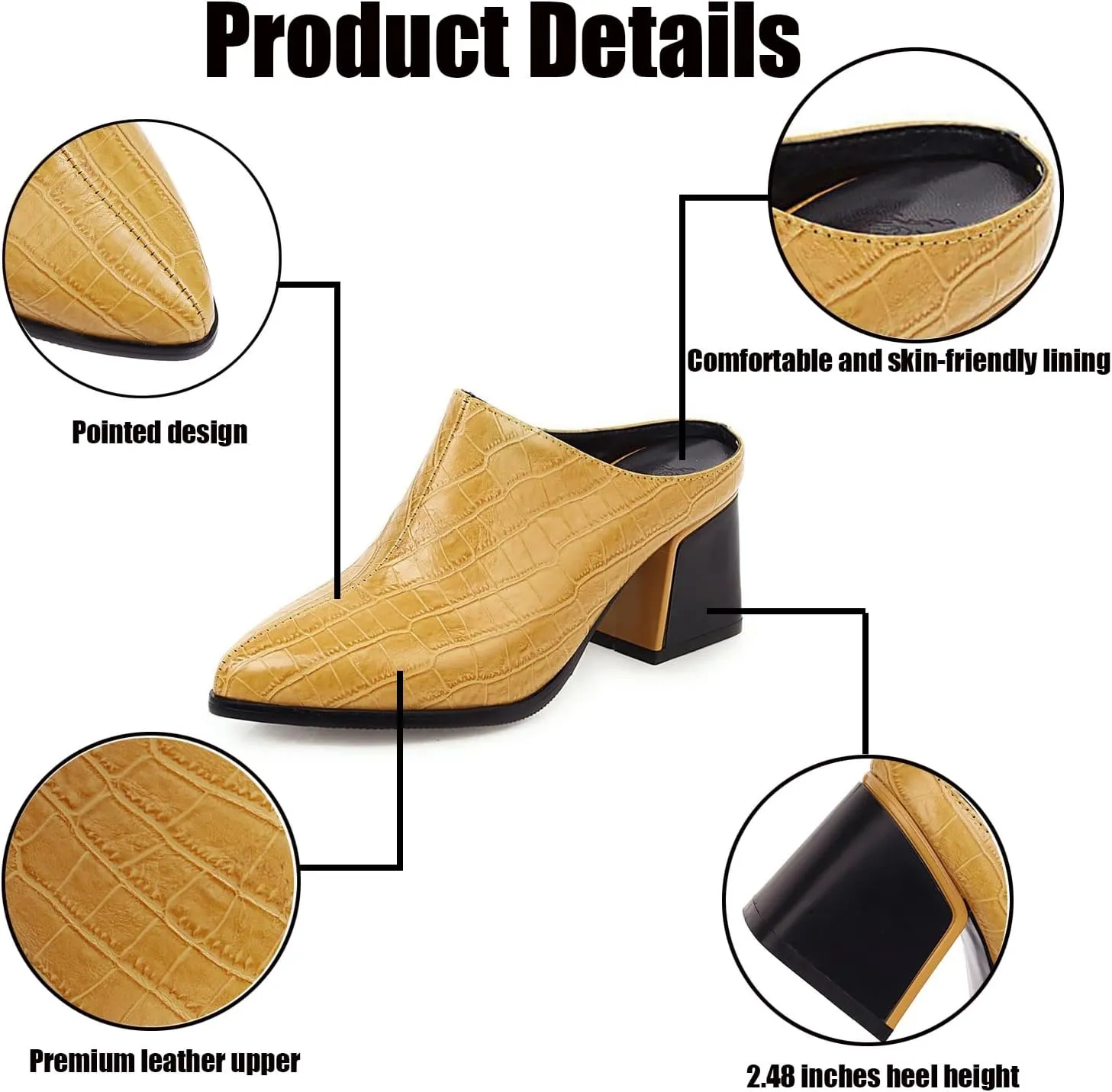Women's Pointed Toe Chunky Heel Slip-On Mules,Fashion Crocodile Embossed Closed Toe High Heels Casual Outdoor Slippers Breathable Backless Mules Sandals