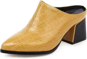 Women's Pointed Toe Chunky Heel Slip-On Mules,Fashion Crocodile Embossed Closed Toe High Heels Casual Outdoor Slippers Breathable Backless Mules Sandals