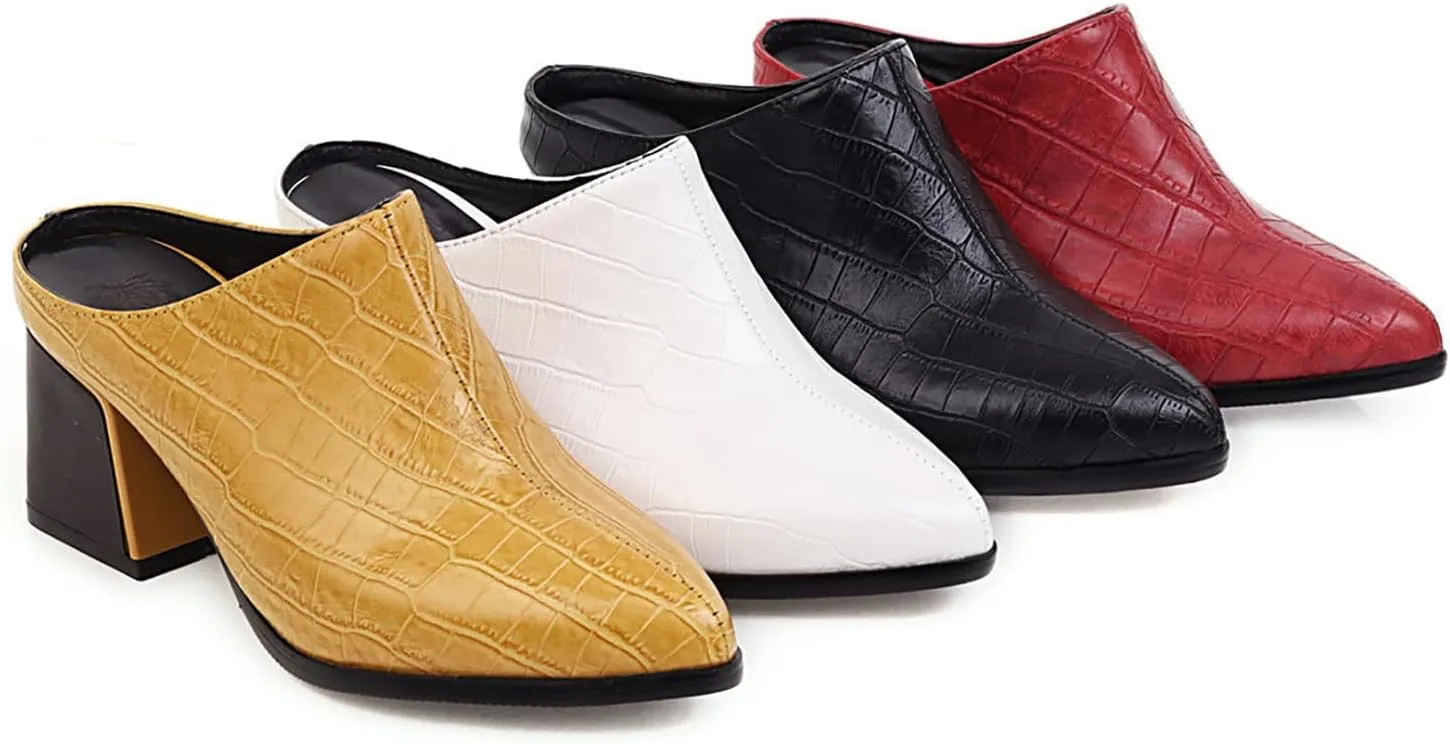 Women's Pointed Toe Chunky Heel Slip-On Mules,Fashion Crocodile Embossed Closed Toe High Heels Casual Outdoor Slippers Breathable Backless Mules Sandals