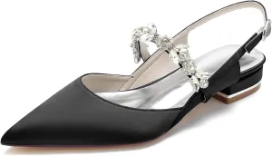 Women's Pointed Toe Satin Wedding Flats for Bride Comfortable Rhinestones Bridal Shoes Formal Closed Toe Slingback Flats Ballet Flats Black Size 11
