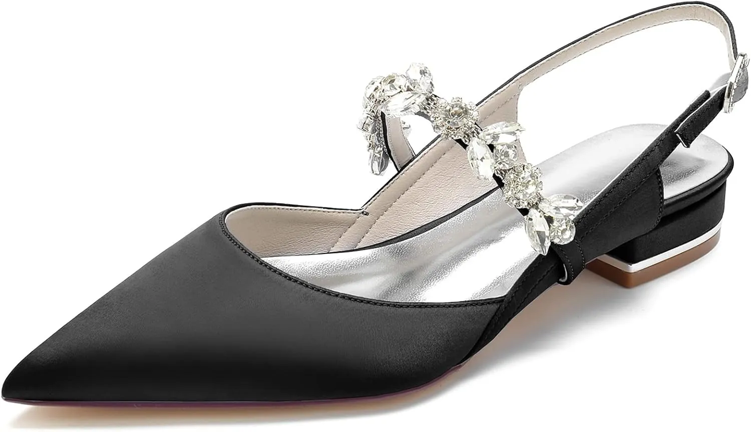 Women's Pointed Toe Satin Wedding Flats for Bride Comfortable Rhinestones Bridal Shoes Formal Closed Toe Slingback Flats Ballet Flats Black Size 11