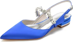 Women's Pointed Toe Satin Wedding Flats for Bride Comfortable Rhinestones Bridal Shoes Formal Closed Toe Slingback Flats Ballet Flats Royal Blue Size 11