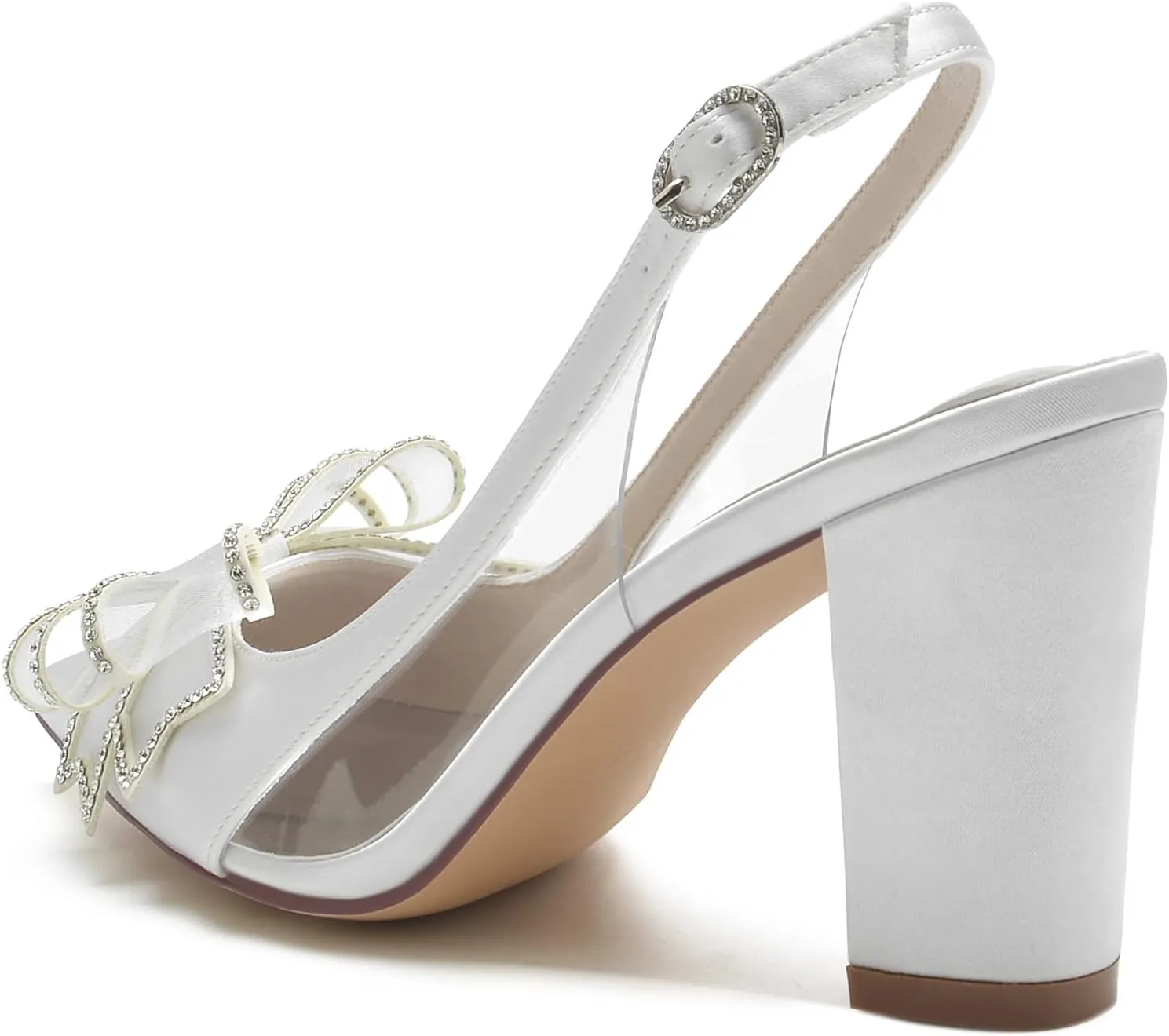 Women's Pointed Toe Wedding Shoes for Bride Block Heels Slingback Ankle Strap Satin Bridal Shoes High Heels Prom Party Dress Shoes Pumps