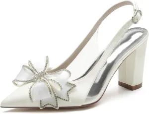 Women's Pointed Toe Wedding Shoes for Bride Block Heels Slingback Ankle Strap Satin Bridal Shoes High Heels Prom Party Dress Shoes Pumps