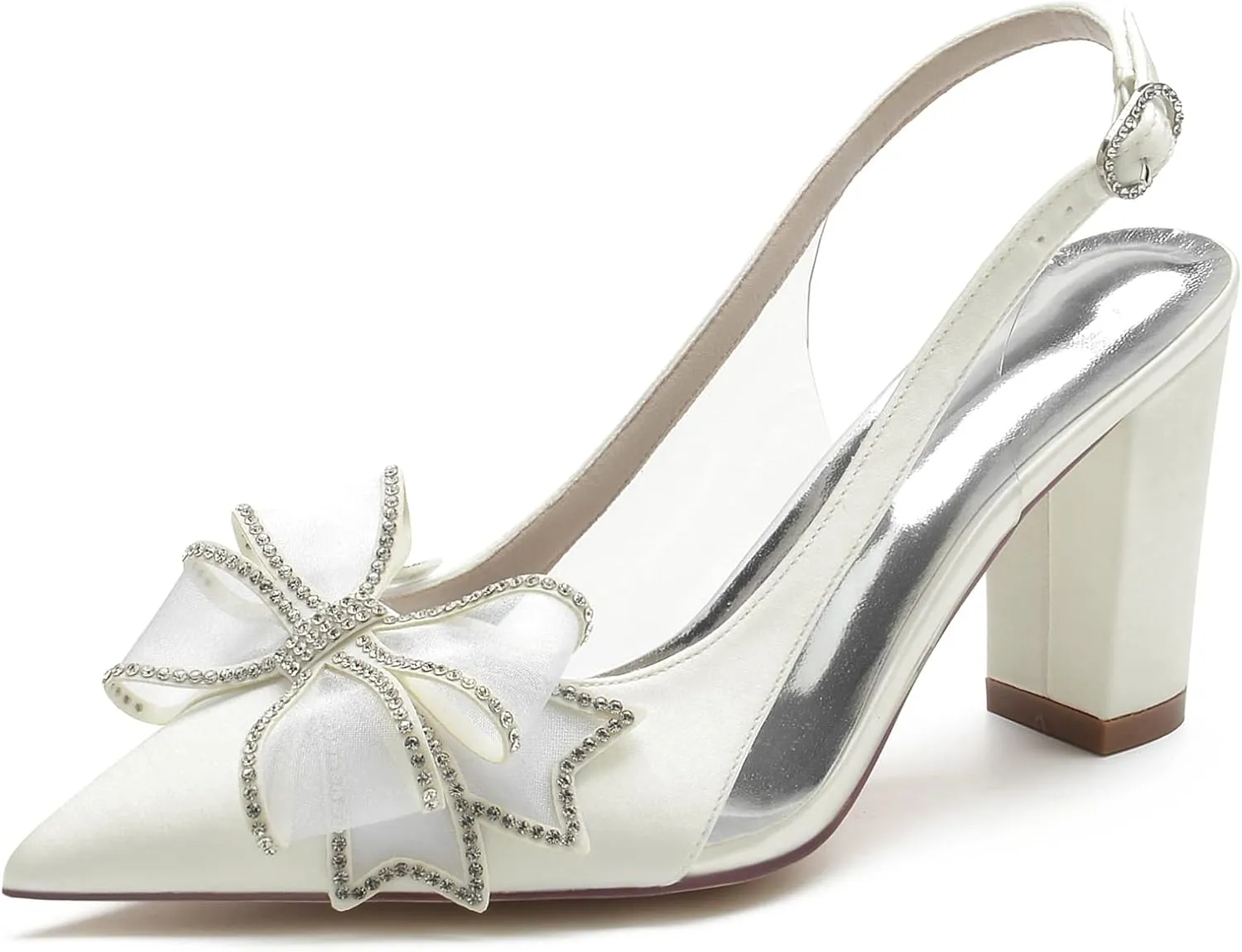 Women's Pointed Toe Wedding Shoes for Bride Block Heels Slingback Ankle Strap Satin Bridal Shoes High Heels Prom Party Dress Shoes Pumps