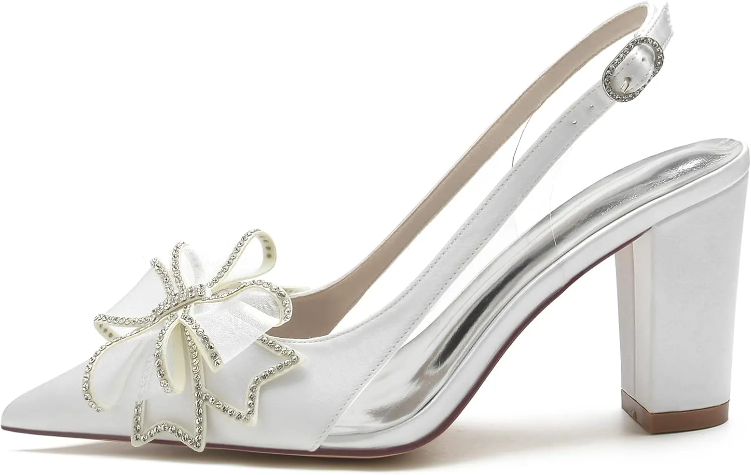 Women's Pointed Toe Wedding Shoes for Bride Block Heels Slingback Ankle Strap Satin Bridal Shoes High Heels Prom Party Dress Shoes Pumps