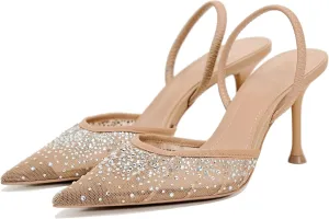 Women's Pointy Toe Slingback Heels Pearl Kitten Heels Sparkly Rhinestone Heeled Sandals Slip On Wedding Party Shoes
