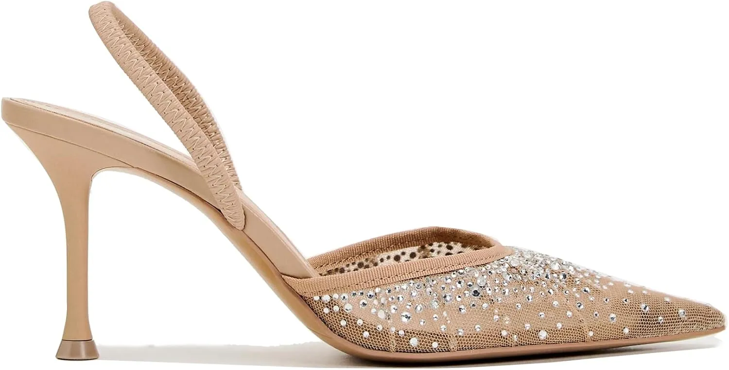 Women's Pointy Toe Slingback Heels Pearl Kitten Heels Sparkly Rhinestone Heeled Sandals Slip On Wedding Party Shoes