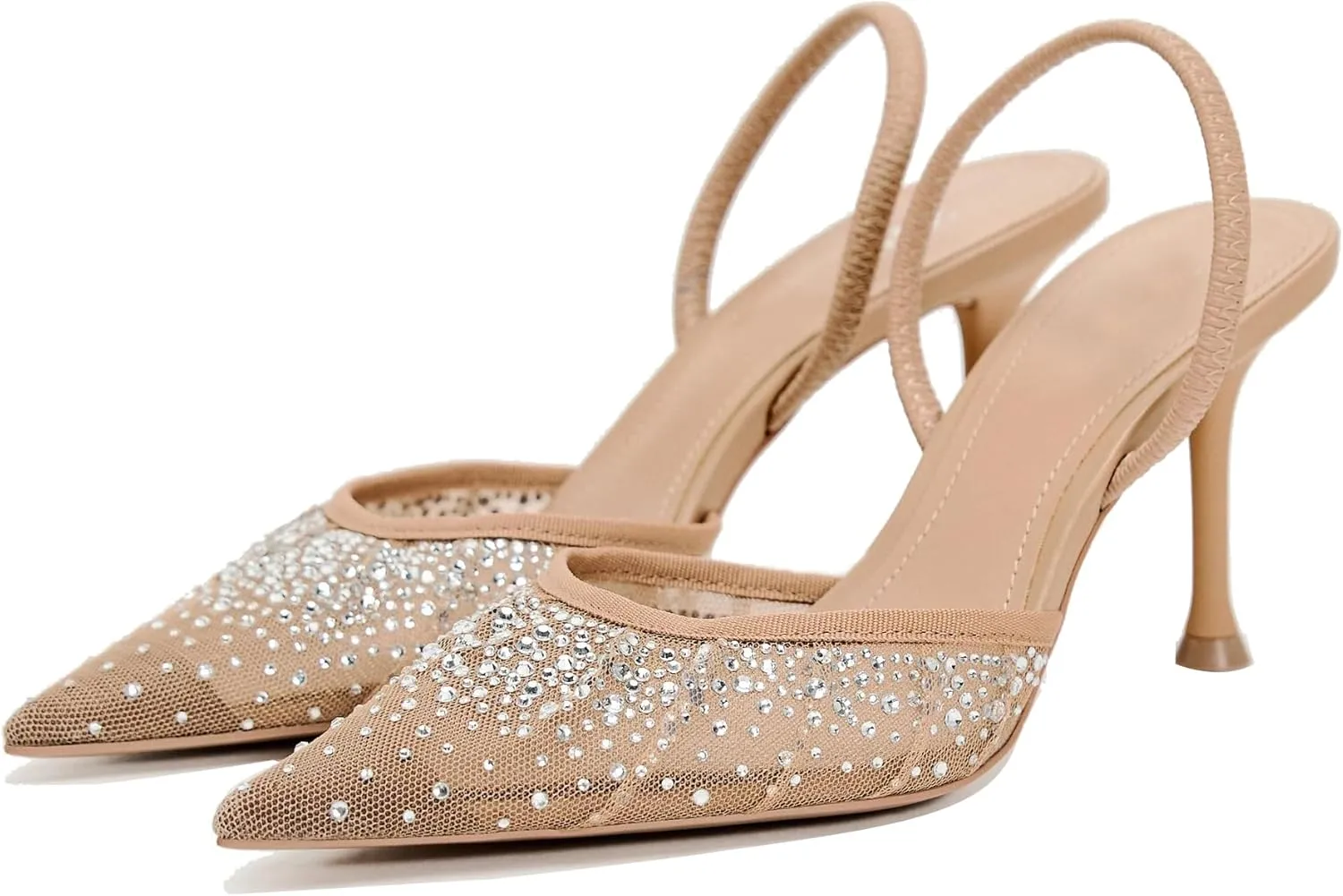 Women's Pointy Toe Slingback Heels Pearl Kitten Heels Sparkly Rhinestone Heeled Sandals Slip On Wedding Party Shoes