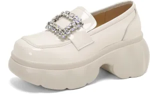 Women's Retro Rhinestone Loafers Closed Square Toe Pull-On High Chunky Heeled Platform Chic Comfortable Work Vintage Mary Jane Shoes Business Casual Patent Leather Shoes
