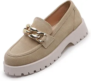 Women's Retro Suede Casual Loafers Slip-On Metal Trim Chain Thick Sole Walking Shoes Moccasin Lightweight Non-Slip Thick Sole Boat Shoes