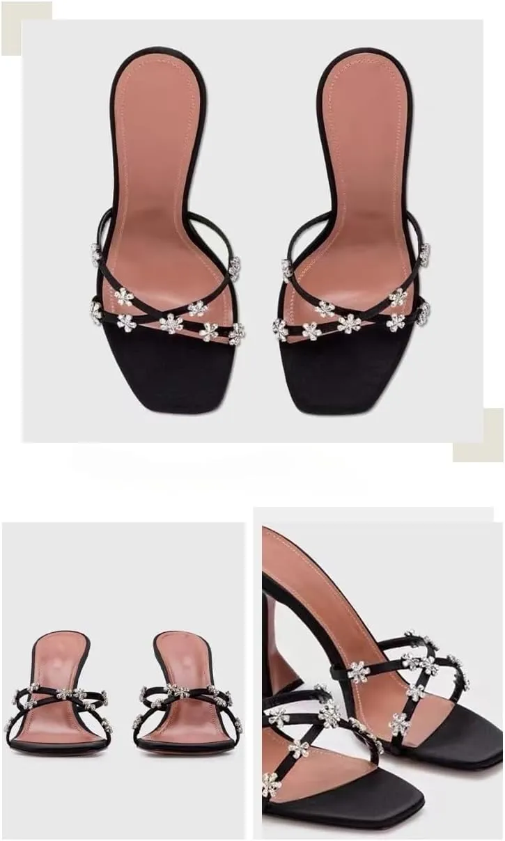 Women's Rhinestones High Heel Mules Flower Open Square Toe Crossover Strap Slip On Sexy Kitten Heel Sandals