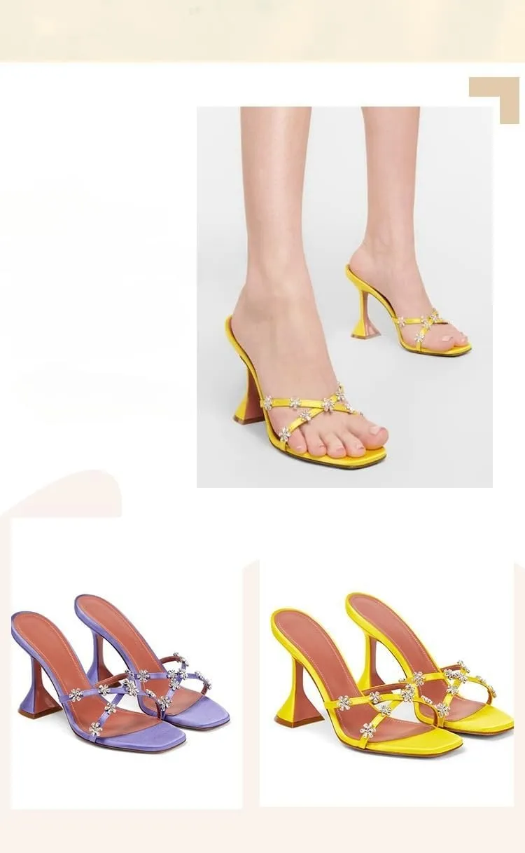 Women's Rhinestones High Heel Mules Flower Open Square Toe Crossover Strap Slip On Sexy Kitten Heel Sandals