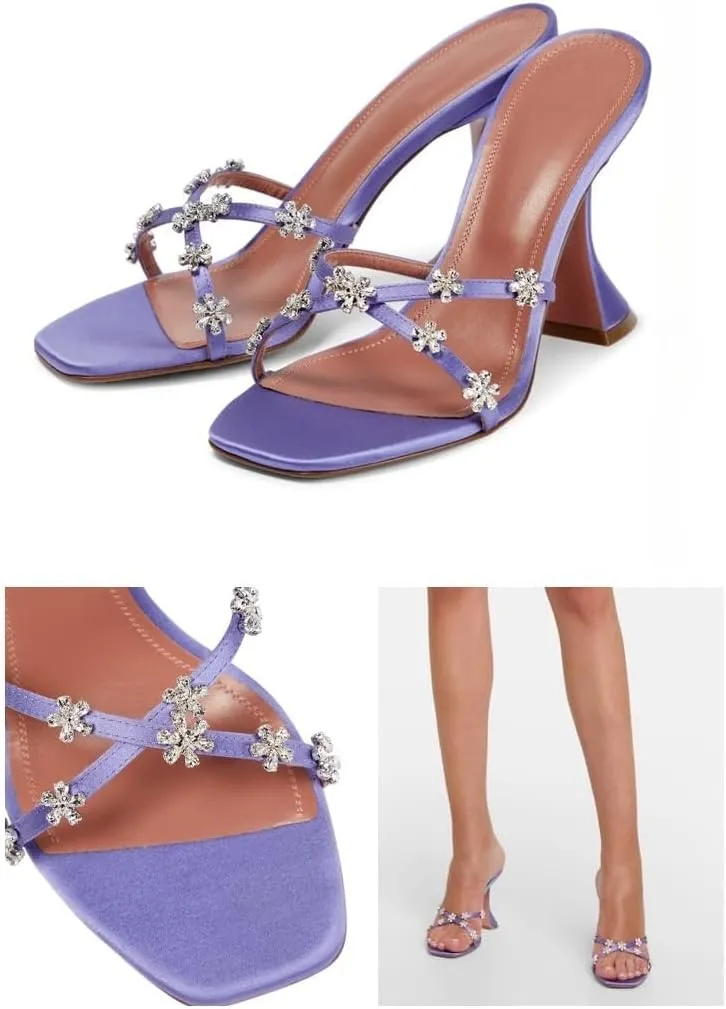 Women's Rhinestones High Heel Mules Flower Open Square Toe Crossover Strap Slip On Sexy Kitten Heel Sandals