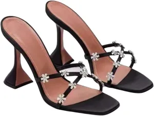 Women's Rhinestones High Heel Mules Flower Open Square Toe Crossover Strap Slip On Sexy Kitten Heel Sandals
