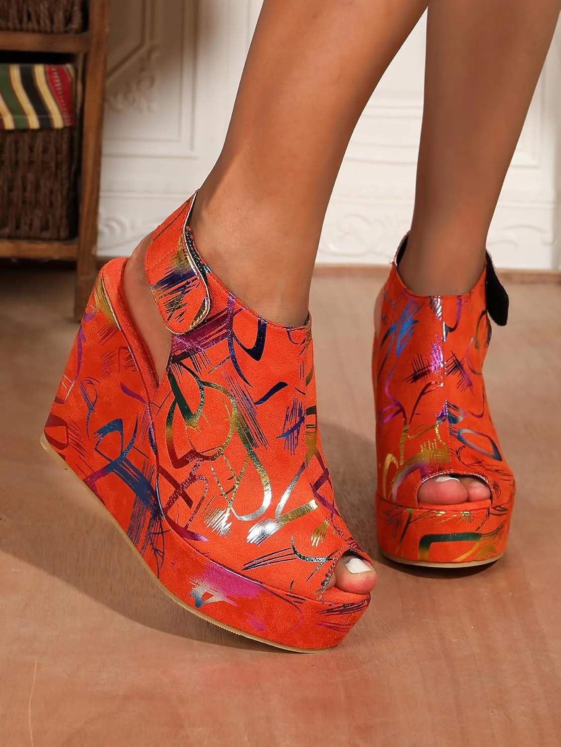 Women's Round Peep Toe Platform Wedge Sandals Espadrille 4.5 Inch High Heel Ankle Strap Slingback Wedges Shoes for Women Comfy Dress Summer Sandals Casual Beach