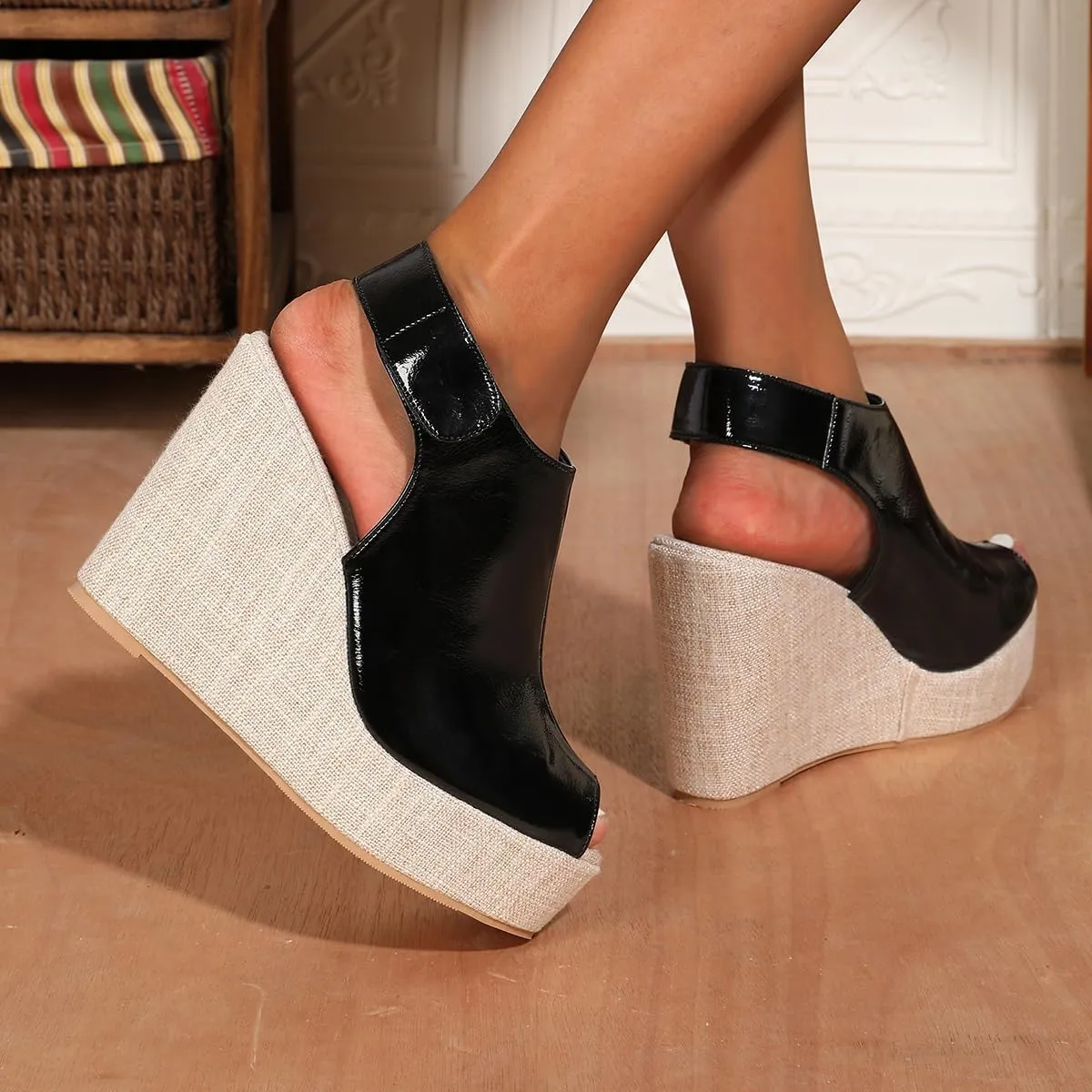 Women's Round Peep Toe Platform Wedge Sandals Espadrille 4.5 Inch High Heel Ankle Strap Slingback Wedges Shoes for Women Comfy Dress Summer Sandals Casual Beach