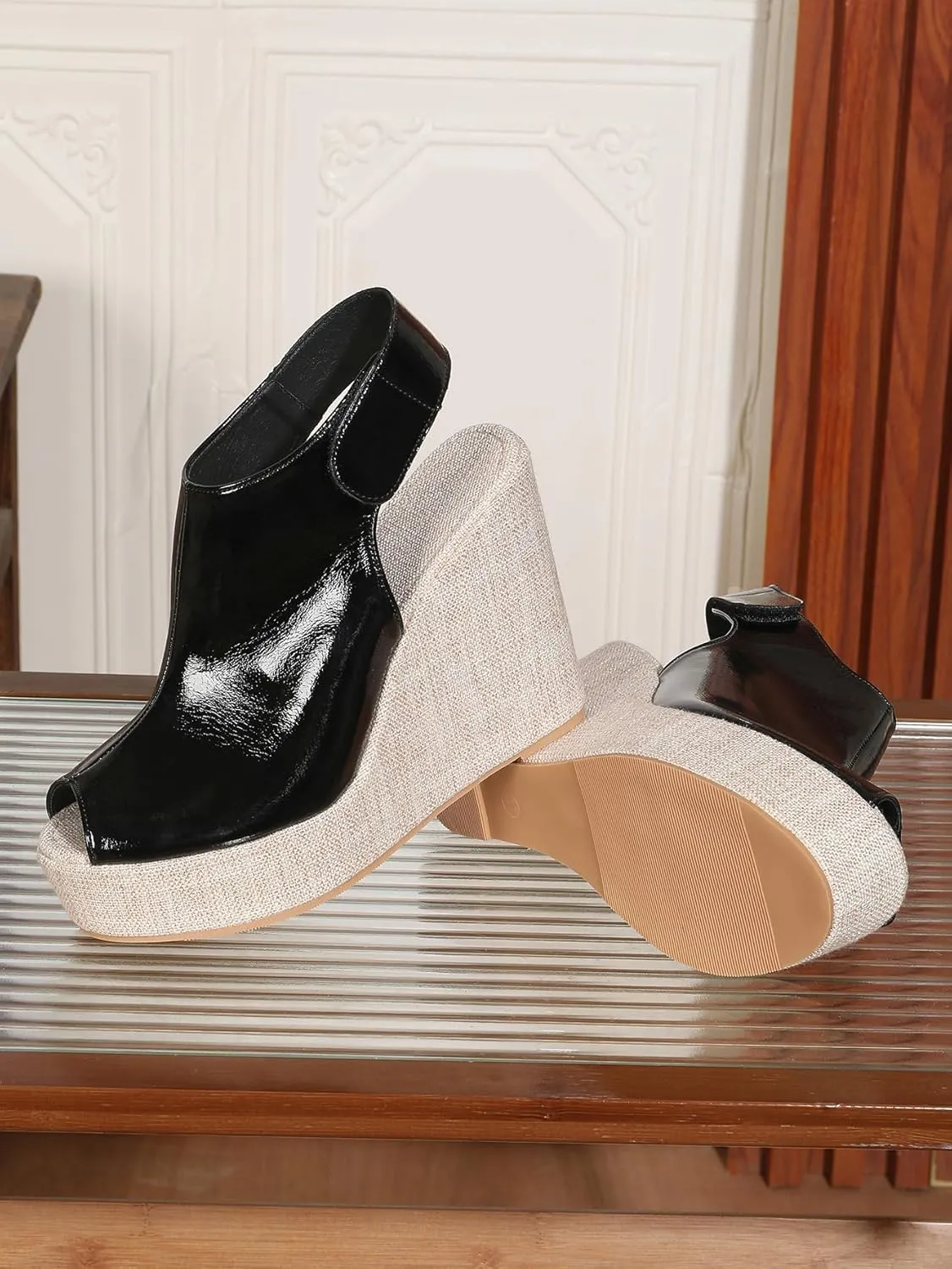Women's Round Peep Toe Platform Wedge Sandals Espadrille 4.5 Inch High Heel Ankle Strap Slingback Wedges Shoes for Women Comfy Dress Summer Sandals Casual Beach