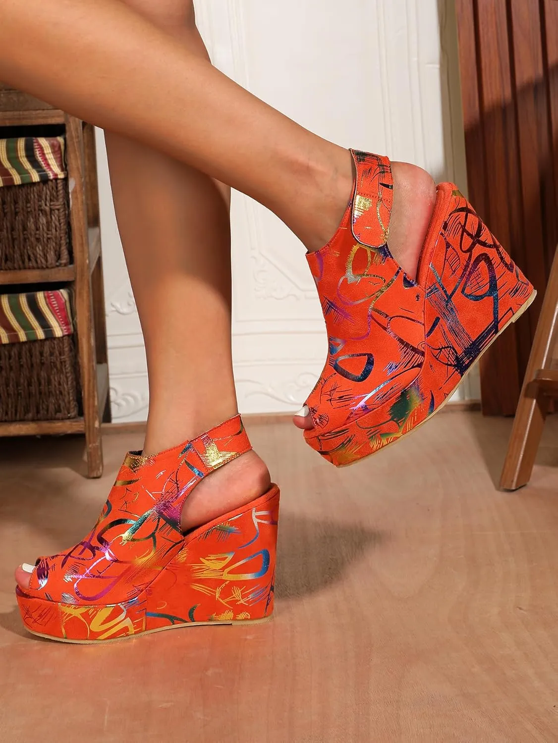 Women's Round Peep Toe Platform Wedge Sandals Espadrille 4.5 Inch High Heel Ankle Strap Slingback Wedges Shoes for Women Comfy Dress Summer Sandals Casual Beach
