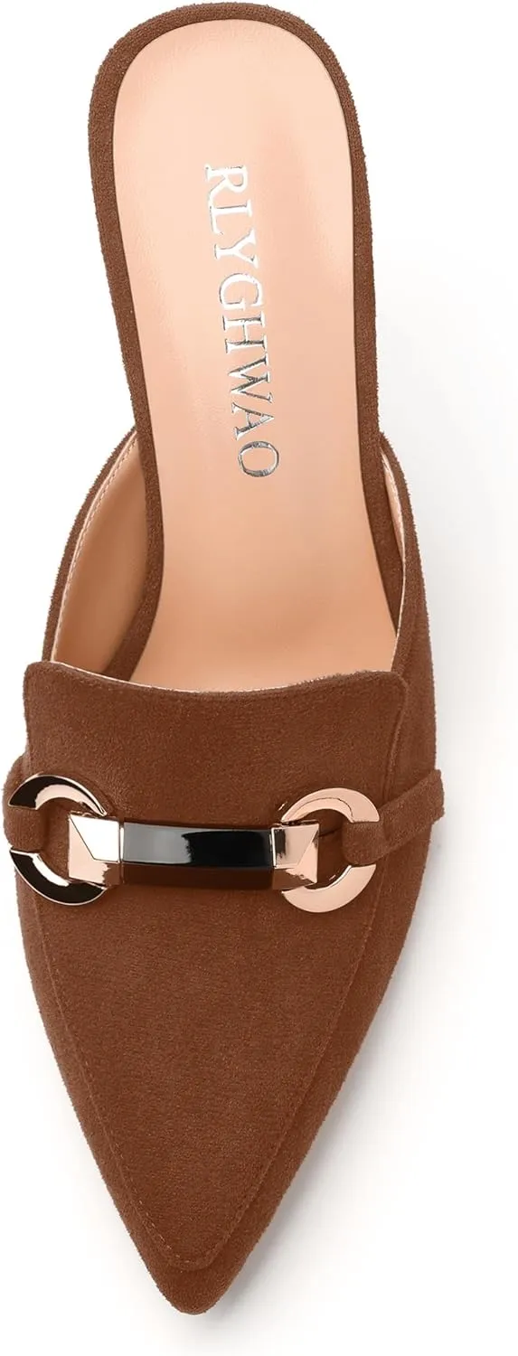 Women's Sandals, Pointed Closed Toe High Heels, Chains Buckle Fashion Mules for Wedding Party Working